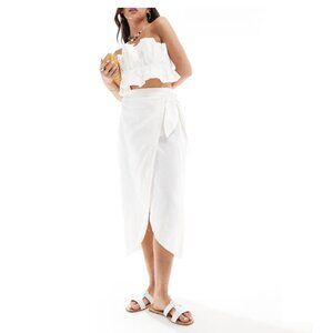 Mango White Linen Blend Midi Wrap Skirt Size Medium